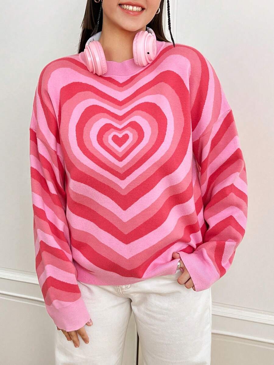 SHEIN Qutie 大碼愛心圖案落肩袖套頭毛衣 - 粉色 - 查看 1