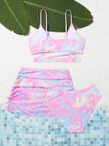 Conjunto de bikini envolvente con estampado integral y falda de playa para adolescentes, de verano