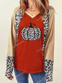 T-shirt Léopard & Imprimé Citrouille Manches Raglan
