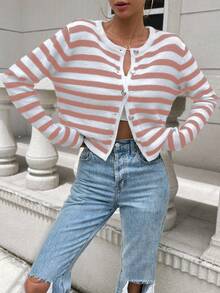 SHEIN Essnce Striped Pattern Button Front Cardigan - Pink - View 4