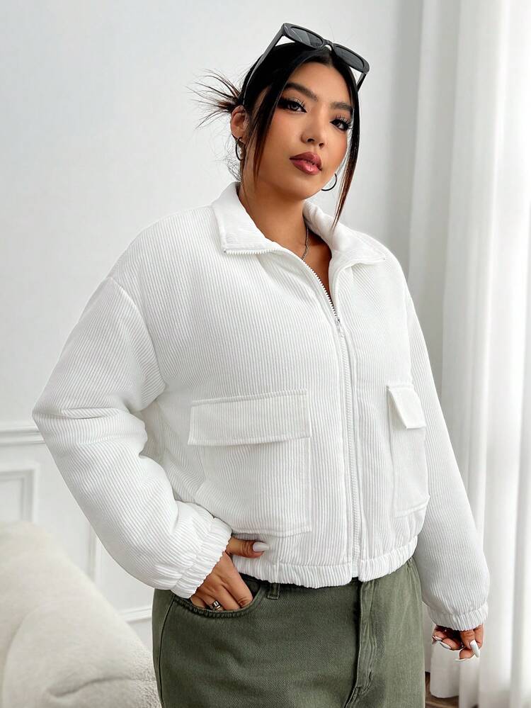 Plus Flap Pocket Drop Shoulder Zipper Corduroy Padded Coat