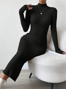 Rafferiza Cổ giả Đồ đan Ribbed Đầm Áo len - màu đen - Xem 5
