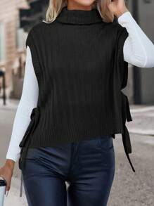 EMERY ROSE 1pc Turtleneck Knot Side Sweater Vest - Black - View 4