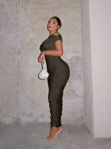 SHEIN SXY Đầm Bất đối xứng ghép mộng kim sa màu trơn Buổi tiệc - màu xanh lá - Xem 3