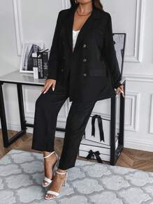 SHEIN Franclia Plus Double Breasted Blazer & Pants - Black - View 1