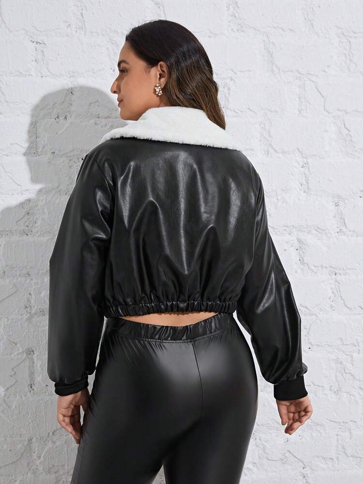 Plus Borg Collar Zip Up PU Leather Jacket