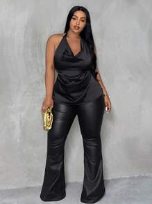 Slaydiva Plus Size Elegant And Sexy Plain Satin Tie Neck Top - Black - View 4