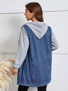 EMERY ROSE EMERY ROSE Colorblock Drawstring Hooded Denim Jacket, Fall Women Clothes - Medium Wash - View 3