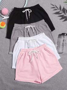 SHEIN Qutie 4件套腰部抽繩素色運動短褲 - 彩色 - 查看 1