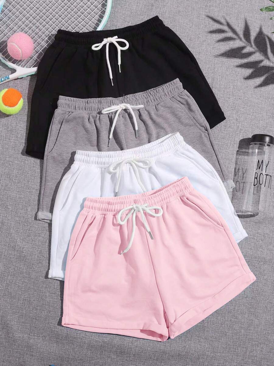 SHEIN Qutie 4件套腰部抽繩素色運動短褲 - 彩色 - 查看 1