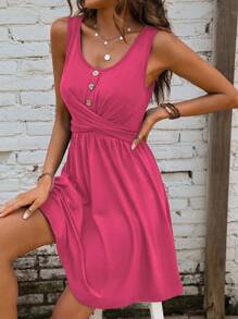 SHEIN LUNE 交叉圍裹前紐扣洋裝 - 玫紅色 - 查看 6