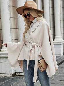 Chiquease 斗篷袖腰帶花呢外套 - 杏色 - 查看 3