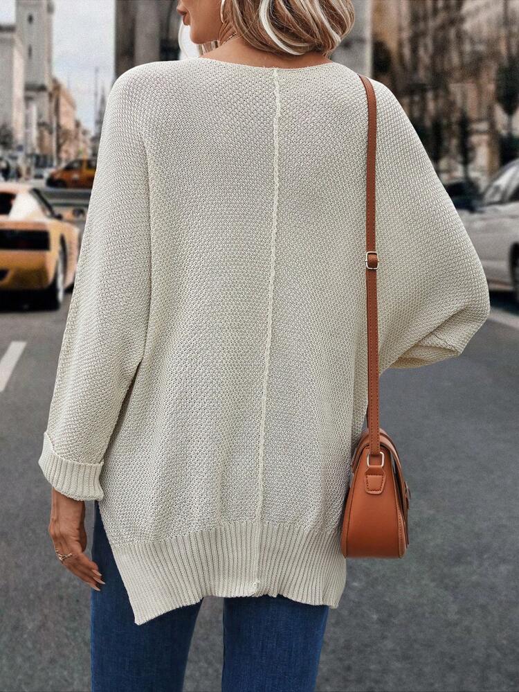 Batwing Sleeve Split Hem Knit Pullover Fall Winter Sweater