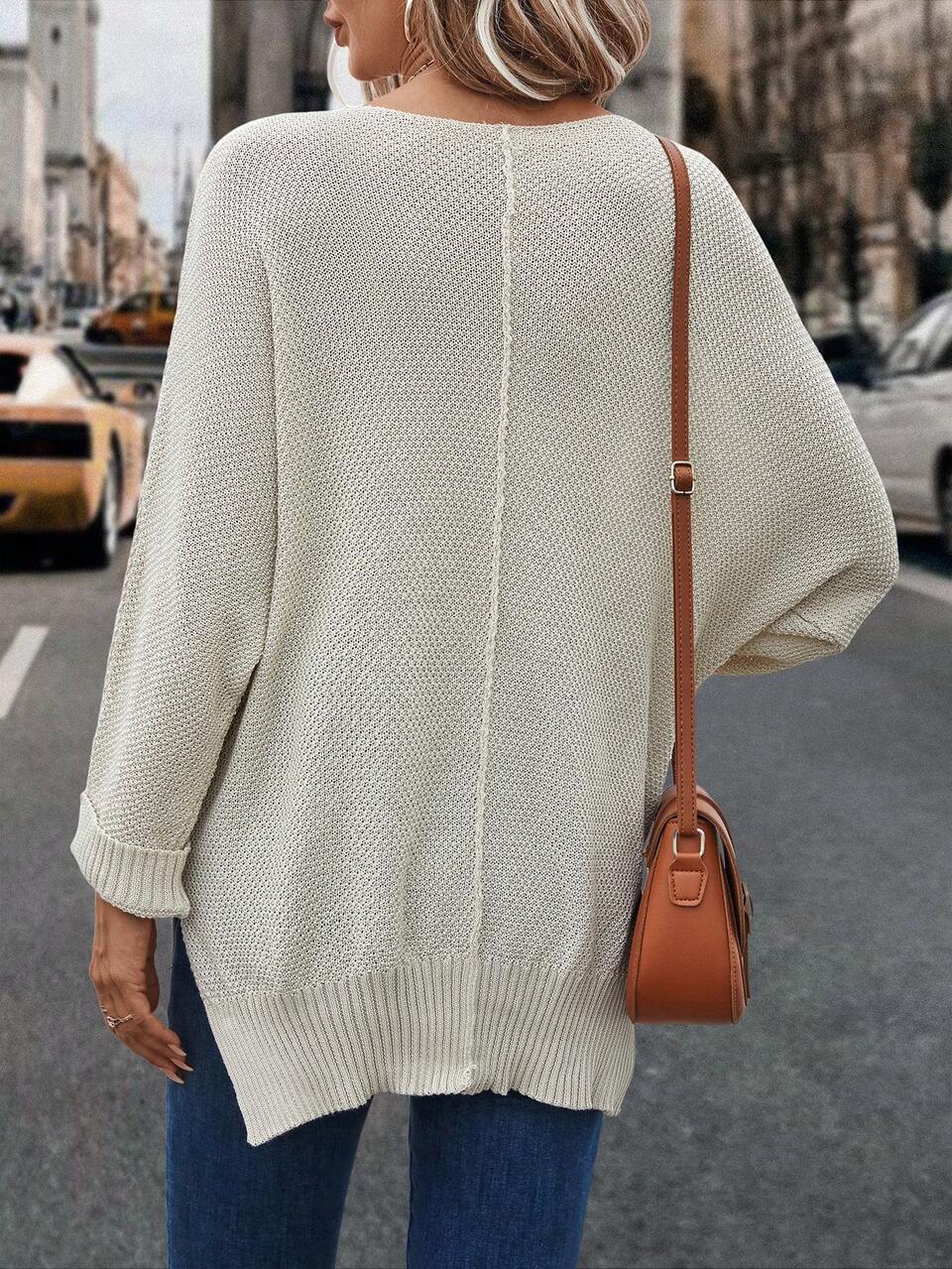 Batwing Sleeve Split Hem Knit Pullover Fall Winter Sweater