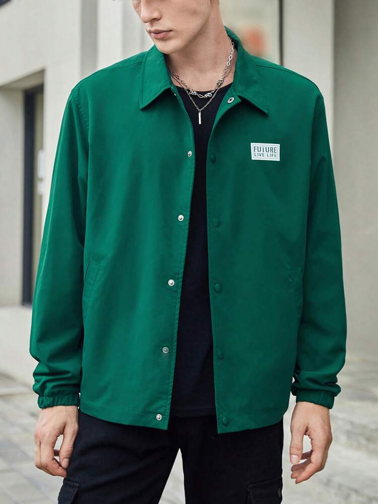 Men's Ultra Loose Jacket With Button Closure And Letter Patched Detail, For Fall Winter