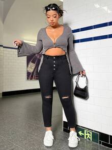 SHEIN ICON Quần Denim kích thước lớn - màu đen - Xem 4