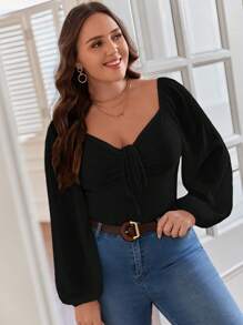 SHEIN Frenchy 大碼雞心領口燈籠袖前抽繩T恤 - 黑色 - 查看 7