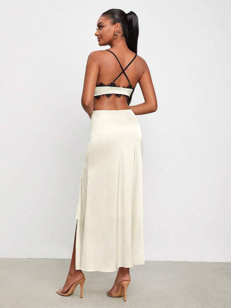 Designer Contrast Lace Tie Front Split Thigh Cami Dress, Elegant White Dress, Holiday, Party, New Years Women Outfit, Birthday Outfits, Festival