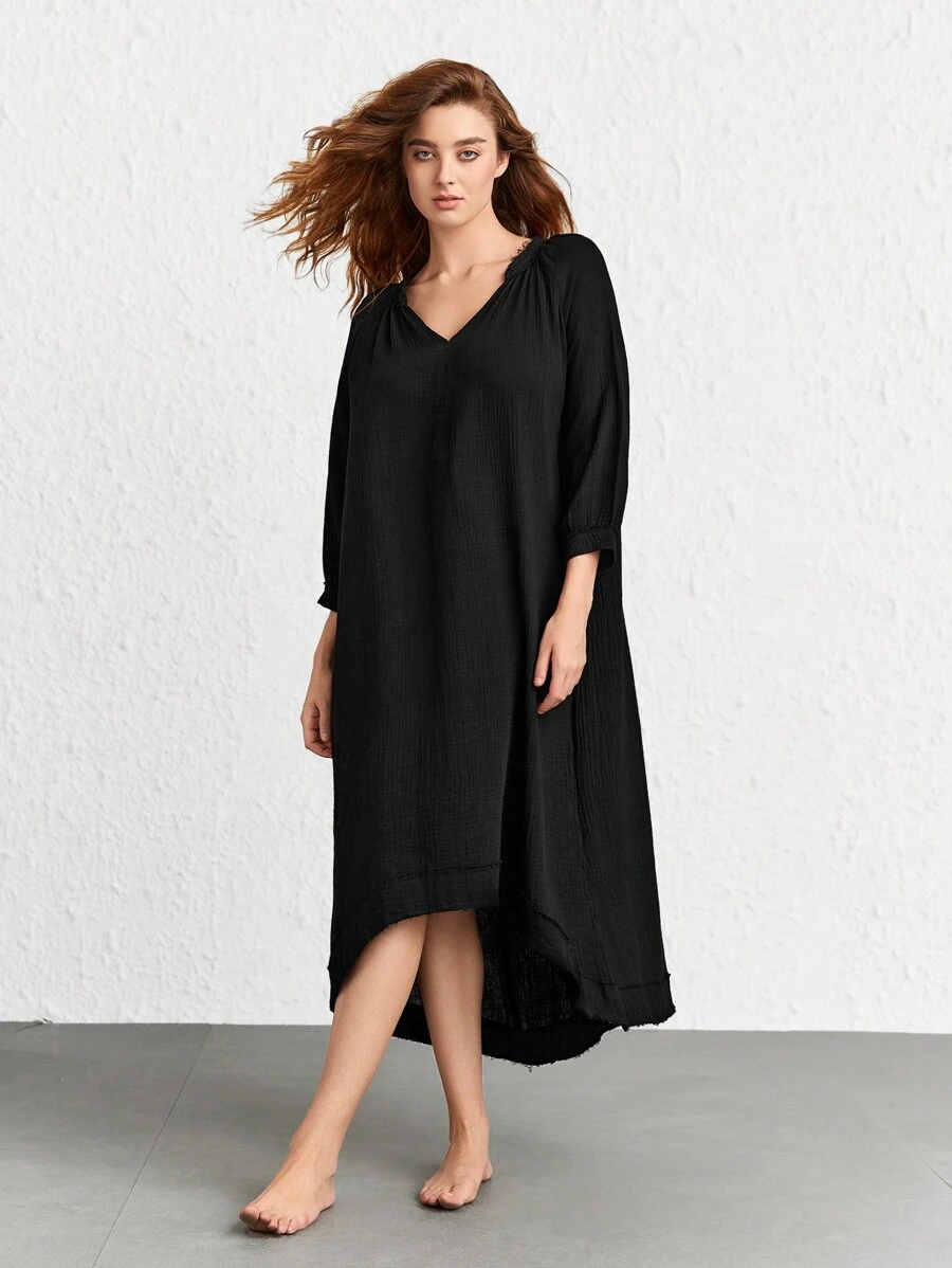 Đường viền cổ có rãnh Tay Raglan Hem cao thấp Đầm giản dị - màu đen - Xem 1