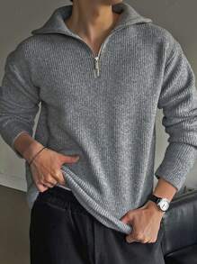 DAZY Men Ribbed Knit Quarter Zip Drop Shoulder Fall Sweater - Grey - View 3