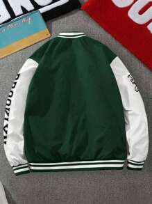 Manfinity Men Plus Slogan Graphic Striped Trim Varsity Jacket - Green - View 2