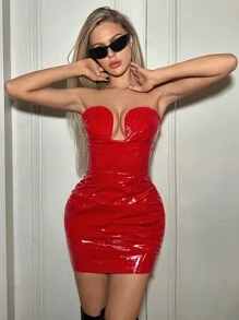SHEIN ICON Chất rắn chất liệu da PU Đầm bó sát ống - Đỏ - Xem 3