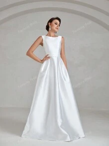 Sophisticated Wedding Dress Bridal Gown With Boat Neckline, Sleeveless Backless Design & Dramatic Waist Bow Accent – A-Line Silhouette For Weddings, Formal Ceremonies, Church Events, Black-Tie Galas, And Destination Celebrations,Bride