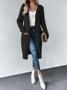 SHEIN Essnce 雙口袋落肩袖連帽開襟開衫 - 黑色 - 查看 6