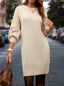 SHEIN Clasi Váy len tay áo đèn lồng không có thắt lưng - Màu be - Xem 3