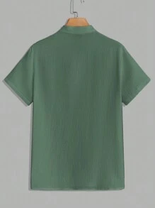 GENTILAND Loose Fit Men Solid Color Half Button Shirt & Tie Waist Pants Set - Green - View 6