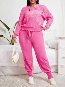 SHEIN EZwear 大碼挑窿針織落肩毛衣和針織褲 - 玫紅色 - 查看 6