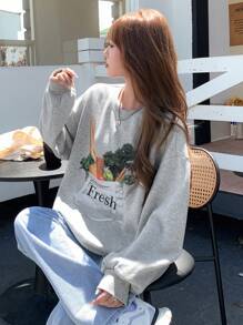 DAZY Pullover mit Buchstaben- und Gemüseprint, Oversized Passform, Herbstkleidung Sweatshirt