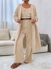 SHEIN Essnce 落肩袖開門襟法蘭絨外套和背心上衣和褲子 - 杏色 - 查看 1