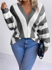 Calvaya Plus Colorblock Drop Shoulder Pointelle Knit Sweater Knit Pullover Fall Winter Sweater - Grey - View 1
