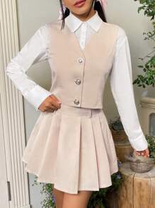SHEIN EZwear Unicolore À Bouton Blazer Sans Manches & Jupe Plissée - Nude - Voir 2
