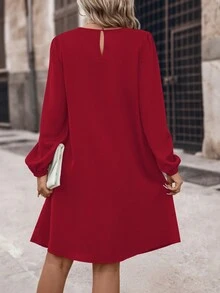 SHEIN LUNE 純色正面褶襉燈籠袖束腰洋裝 - 酒紅色 - 查看 2