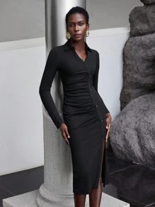 Maija Ruched Front Split Thigh Bodycon Dress - Black - View 1