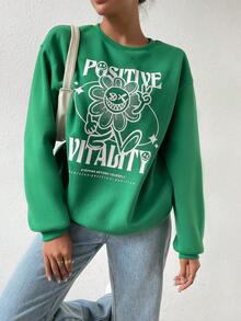 Chiquease Đồ họa hoạt hình và khẩu hiệu Thả vai Áo nỉ - màu xanh lá - Xem 4