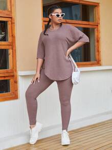 SHEIN Essnce Plus Solid Drop Shoulder Waffle Knit Top & Leggings - Dusty Pink - View 4