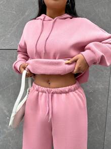 EURMUSE Women's Solid Color Minimalist Casual Hoodie Top And Pants 2 Pieces Set - Pink - View 6