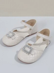Flache Kinderschuhe Mit Viereckigen Strasssteinen, Einfachem Und Bequemen Design, Obermaterial Aus Pu Leder