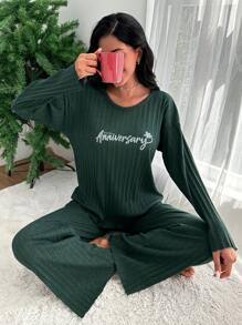RueChic Ensemble de tenue de détente avec t-shirt à épaules tombantes avec motif lettre et pantalon - Vert - Voir 5