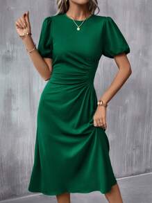 SHEIN Clasi Váy xếp nếp tay phồng phía trước - Màu xanh lá cây đậm - Xem 1