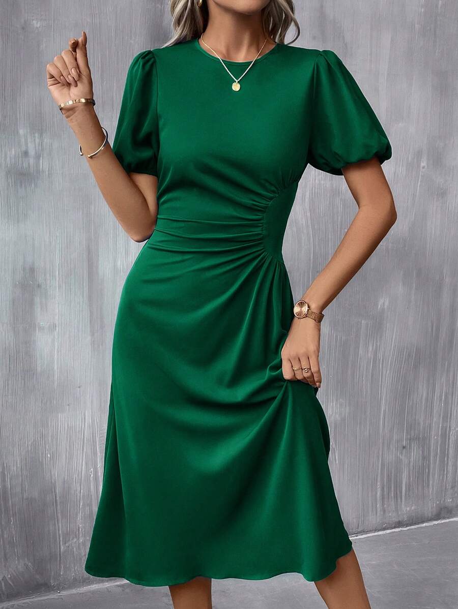 SHEIN Clasi Váy xếp nếp tay phồng phía trước - Màu xanh lá cây đậm - Xem 1