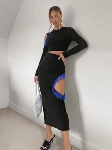 SHEIN Privé 流蘇短款 T 恤和鉛筆裙 - 黑色 - 查看 1