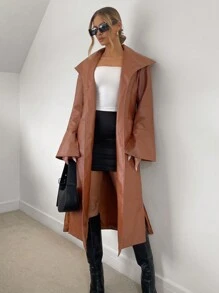 SHEIN Privé Áo khoác da PU có thắt lưng có tay loe - Cà phê nâu - Xem 2