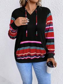 SHEIN LUNE 加大码条纹印花袋鼠口袋抽绳卫衣 - 紅色 - 查看 1