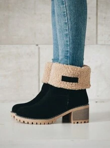 新品女式雪地靴防滑摩托靴保暖内衬保暖鞋女式短靴女士冬靴增高时尚靴子 - 黑色 - 查看 4