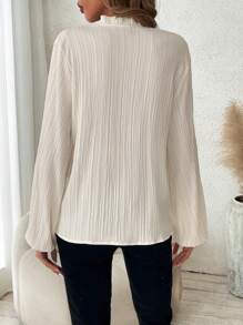 Chiquease Notched Neckline Lantern Sleeve Button Front Blouse - Apricot - View 2