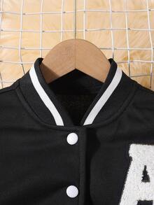 SHEIN 女大童字母貼布條紋飾邊學院風夾克和運動褲無毛衣 - 黑色 - 查看 5